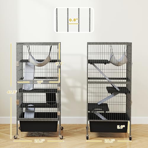 PawHut 45 Inch Small Animal Cage, 4-Tier Rolling Ferret Chinchilla Rabbit Cage with 6 Inch Deep Slide-Out Tray, Platforms, Hammock, for Bunnies, Ferrets, Chinchillas, Squirrels, Gray | Ferret Chinchilla Rabbit Cage, 6 Inch Deep Slide-Out Tray, Platforms,