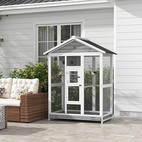 PawHut 64.5" Wooden Bird Cage Aviary, Flight Cage with 4 Perches, Nest and Slide-Out Tray for Indoor/Outdoor, Gray | 4 Perches, Nest, Slide-Out Tray