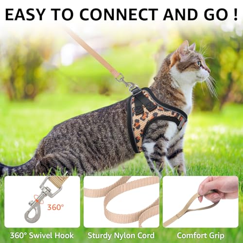 SCENEREAL Cat Harness & Leash Set Escape Proof - Adjustable Air Mesh Vest with Reflective Strips for Kittens, Puppies, Rabbits, Khaki Leopard S - color: Khaki Leopard, size: Small(Fit Chest 11.3-12.5in)