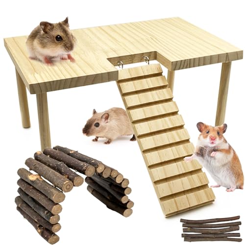 Large Hamster Platform with Ladder Wooden Syrian Hamsters Standing Platforms with Legs Set Wood Gerbils Climbing Bridge Toy Cage Accessories - size: Large