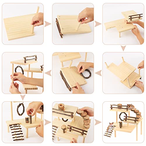 Hamster Climbing Toys 3-Tier Extra Large Hamster Playground Natural Wooden Small Animal Platform Toys Hamster Exercise Activity Climbing Platform with Bridge for Gift