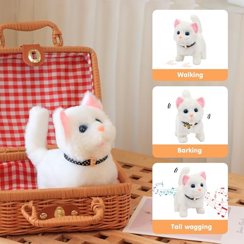 Easfan White Walking Kitty Cat Plush Interactive Toy for Kids 7.5" | Meowing Tail wagging head nodding, electronic animated kitten pet, birthday holiday gift, for toddlers - style: White Cat