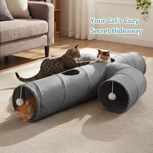 Ownpets Cactus Cat Tunnel 10" with Peek Holes for Indoor Large Cat, Grey | Durable Oxford fabric, noise-free, foldable & connectable, multi-cat friendly, tube for cats up to 20lb, includes ball & wand - size: 10 Inches in Diameter