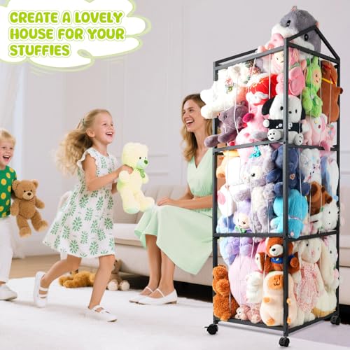 NomNest Stuffed Animal Storage Zoo, Large Metal Plushies Organizer, Heavy Duty Metal Teddy Bear Toy Holder with Wheels for Kids' Bedroom & Playroom & Nursery (Wheeled, Black) - color: Matte Black