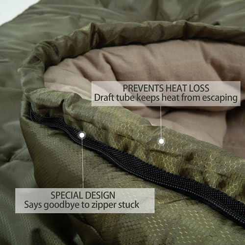 HiZYNICE Sleeping Bags for Adults XXL Cold Weather | 100% Cotton Flannel Winter Camping Large 90 x 39 in,Compression Sack Included - color: Green, size: 0F Right Zip