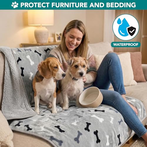 PETAMI Sherpa Fleece Waterproof CAT and Dog Blanket, Bone Gray, Large - color: Bone Gray, size: Large (40x60)