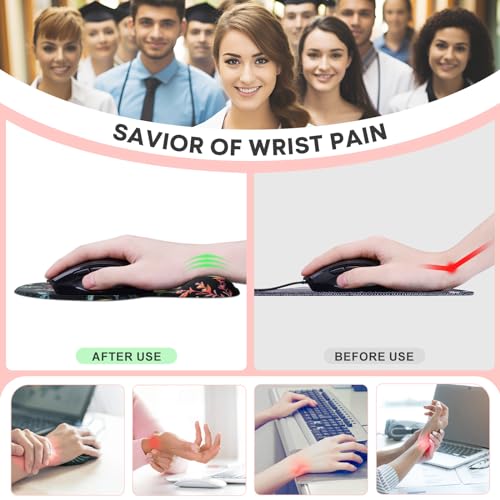 JIKIOU Ergonomic Mouse Pad with Gel Wrist Rest 2Pack, Portable Small Flower | Upgraded-Prevent Gel Leakage, Ergonomic Design for Pain Relief, Cooling Gel filled, Smooth Lycra Surface, Non-Slip PU Base - color: 03Black-Flowers