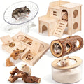 Leitee 6pcs Hamster Cage Accessories, Hamster Sand Bath Box, Wood House, Tunnel Hideout Place, Climbing Branches Decor, Silent Running Exercise Wheel, Interactive Enrichment Toys for Rabbit Gerbils