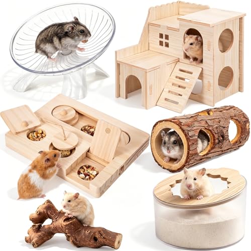 Leitee 6pcs Hamster Cage Accessories, Hamster Sand Bath Box, Wood House, Tunnel Hideout Place, Climbing Branches Decor, Silent Running Exercise Wheel, Interactive Enrichment Toys for Rabbit Gerbils