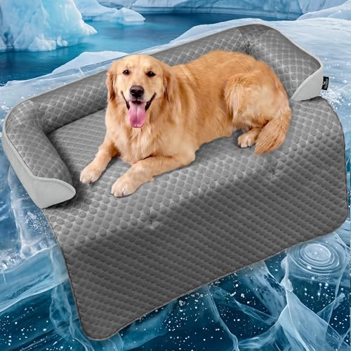 Calming Large Dog Couch Bed, Waterproof Memory Foam with Durable Fluffy Fuzzy Mats, Washable Removable Cover Protector for Sofa, Bedside, Gift, 45 x 37 Inches, Cooling Grey - color: Cooling Grey, size: 45"L x 37"W x 5"Th