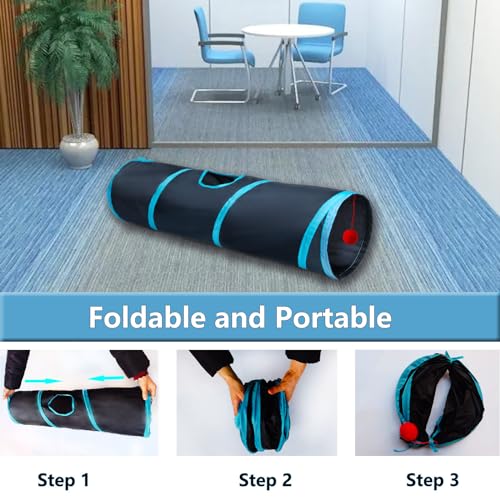 Cat Tunnel Tube Toys，Tunnels for Indoor Cats, 2 Way Foldable | Interactive Pet Crinkle Pop Up Tunnel with Balls Peek Hole Hideaway for Rabbits, Kittens, Ferrets, Puppy Playing & Exploring - color: 2 Way Black Blue