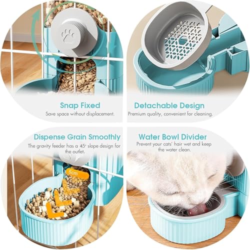 Yummy Sam Hanging Cage Automatic Small Pet Food Bowl Water Bottle Dispenser, Detachable Auto Gravity 1.2L Self-Feeding Feeder and 0.52L Waterer Set Kennel Feeding Station for Puppy Cats(Sky Blue) - color: Sky Blue