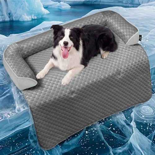 Calming Large Dog Couch Bed, Waterproof Memory Foam with Durable Cooling Mats, Washable Removable Cover Protector for Sofa, Bedside, Gift, 41 x 37 Inches, Cooling Grey - color: Cooling Grey, size: 41"L x 37"W x 5"Th