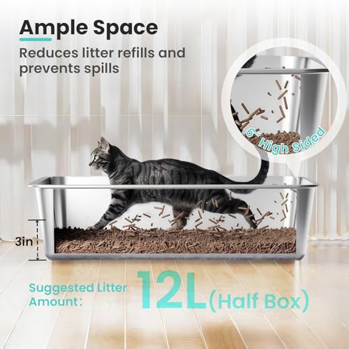 Stainless Steel Cat Litter Box, 17.7"x13.8"x6", Large | Non-Sticky, Smooth Metal Litter Box for Indoor Cats, Leak-Proof, Easy to Clean, Non-Slip, High Sided, Easy Entry - size: 17.7”x13.8”x6”