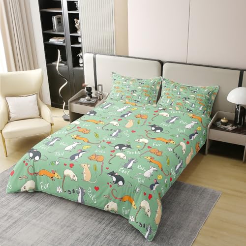 Erosebridal 100% Cotton Kids Rat Bedding Set, Mouse Rodents Duvet Cover Twin, Funny Animal Love Heart Comforter Cover for Boys Girls Children Bedroom, Cartoon Style Quilt Cover Decorative Room, Green - color: Multi 22, size: Twin (No Comforter)
