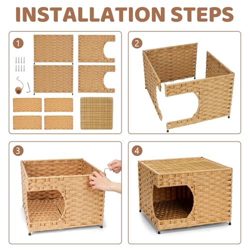 Cat House for Indoor Cats - Wicker Cat Bed with Double-Sided Soft Cushion, Decorative Handwoven Pet Bed Furniture
