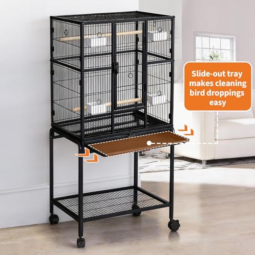 Spacious Flight Bird Cage with Rolling Stand & Storage Shelf - Durable Wrought Iron Parrot Home - Easy Clean, Ideal for Parakeets, Cockatiels, Conures, Lovebirds, Cockatoos - size: 37.2"L x 30.3"W x 4.3"H