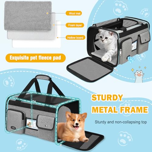 HUANLANG Large Cat Carrier Soft Sided Travel Pet Carrier Airline Approved | Dog Carriers for Small Dogs Medium Cats,Collapsible,3 Storage,zipper lock,Reflective strips,Luggage Strap, Up to 15 Lbs, Grey - color: Gray