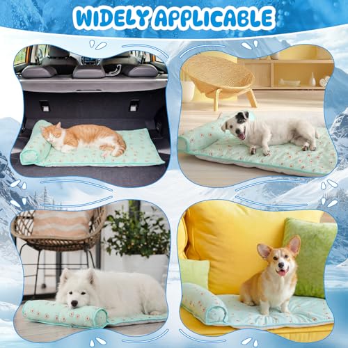 DoubleFill 4 Pack Cooling Pet Mats 23.6" x 31.5" Cooling Dog Beds with Supportive Pillow Self Ice Cool Pads Washable Summer Cat Sleeping Pad with Storage Bag for Summer Crate Floor (Large, Green) - size: Large, style: Green