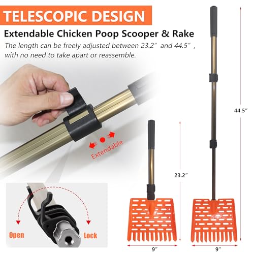 Chicken Dog Coop Poop Scooper & Rake 2-in-1 Telescopic Sifting Shovel | Litter Scoop - color: ORANGE