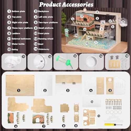 12 in 1 Large Wooden Hamster Cage with All Accessories, 24"*15.8"*15.8" 3-Layer Dwarf Hamster Cage Acrylic,Pastoral Style Mouse Cage for Pet Mice, Hedgehog, with Stairs, Fences and House - size: 24.0"L x 15.8"W x 15.8"H