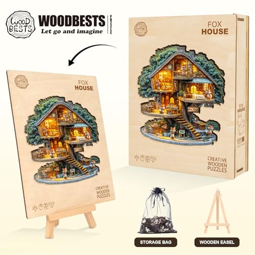 WOODBESTS Wooden Puzzles for Adults (270 Piece, L, 13.4 * 13.4in) Fox House Wood Puzzle Adult, Unique Wooden Animal Jigsaw Puzzles, Family Game and Birthday Gifts for Friend - size: Large