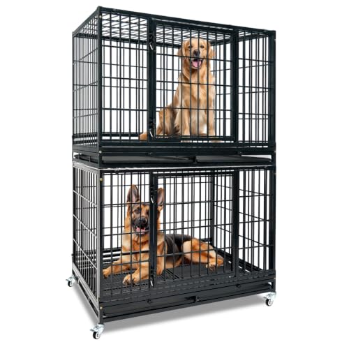 Homey Pet Two Tier Heavy Duty Stackable Dog Crate Cage Kennel for Large Dog | 47 Inch Indestructible Kennel with Wheels, Removable Trays and Grids, Escape Proof Auto Lock, Ideal for Breeders and Groomers - size: 46.5"L x 28.5"W x 68"H