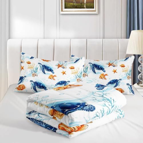 AILONEN Ocean Turtle Seashell Queen Comforter Set, Coastal Animal Bedding Pack with 2 Pillowcases, Master Bedroom - color: Sea10, size: Queen