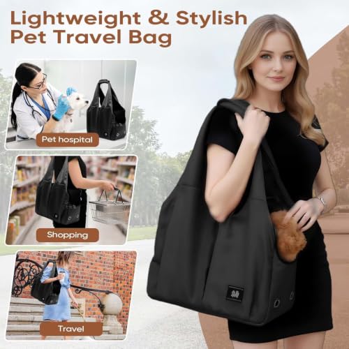 Dog Purse Carrier for Small Dogs, Cats, and Puppies – Soft-Sided Travel Pet Tote Bag with 4 Large Pockets, Foldable, Lightweight, Fits Pets up to 15 lbs, for Travel, Outings (Black) - color: Black