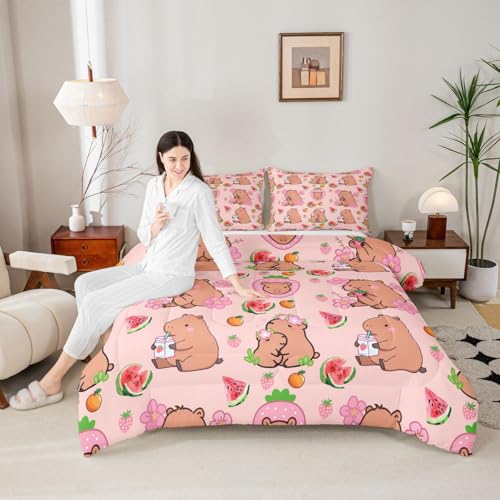 Capybara Lover Bedding Set, Capybaras Decor Comforter Set Twin For Kids Girls Bedroom, Cartoon Rodent Animals Quilted Duvet Capybara Decorations Watermelon Strawberry Duvet Insert Kawaii Decor, Pink - color: Multi 13, size: Twin