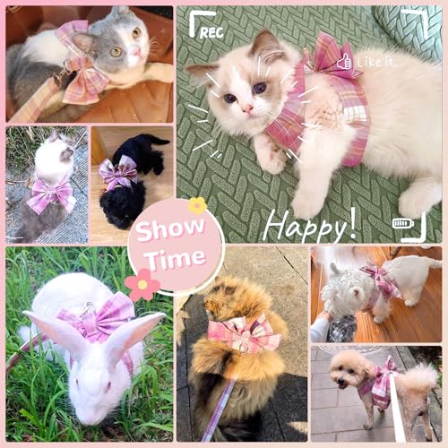 Cute Dog Harness and Leash Set with Bow Tie Soft Mesh Plaid Girl Puppy Harness No Pull Pet Cat Dog Vest Harness for Small Dogs Chihuahua Rabbit Outfit (Pink,M) - color: Pink, size: M(Chest 12"-14")