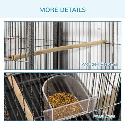 PawHut 65" Double Rolling Metal Bird Cage with Divider, Large Parrot Cage for Parakeet, Canaries, Lovebirds, Budgie, Finch, with Detachable Rolling Stand, Storage Shelf, Wood Perch & Food Container | for Parakeet, Canaries, Lovebirds, Budgie, Finch, Detac