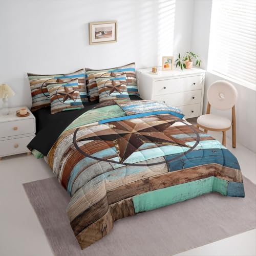 Erosebridal Texas Star 7 Piece Comforter Set Full Bed in A Bag Retro Western Bedding Set for Kids Boys Girls Southwest Wooden Board Quilt Country Cabin Lodge Decor Sheet Set with Comforter - color: Brown Blue Green, size: Full