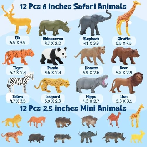 24Pcs Safari & Zoo Animals Figures, Realistic Plastic Animal Toys Set for Kids 1 2 3, Educational Jungle Animals Figures Playset, Party Supplies Birthday Gifts for Toddlers Boys Girls - style: Safari Animals Figures