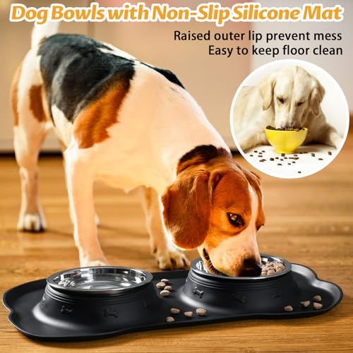 Hubulk Pet Dog Bowls 2 Stainless Steel Dog Bowl with No Spill Non-Skid Silicone Mat + Pet Food Scoop Water and Food Feeder Bowls for Feeding Small Medium Large Dogs Cats Puppies (S, Black) - color: Black, size: Small