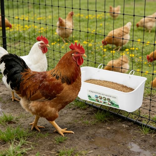 6 PCS 5 Quart Goat Feeder Hanging Pig Feeder with Clip White Chicken Feeder Trough Poultry Feeder Hanging Goat Mineral Feeder Chicken Coop Feeder and Water for Livestock, Hang or Screw-in - color: White