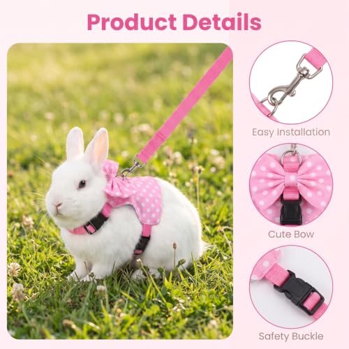 Bunny Harness and Leash Set, Adjustable Rabbit Harness with Buckle | Rabbit Harness and Leash Set for Small Pet Rabbit Kitten Guinea Pigs (Pink Polka Dot, S)