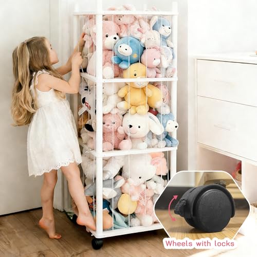 Stuffed Animal Zoo Storage with Lockable Wheels, White | Sturdy Solid Wood Toy Organizer, Large Capacity Plush Toy Cage, Space-Saving for Toddler/Playrooms/Bedrooms - color: White