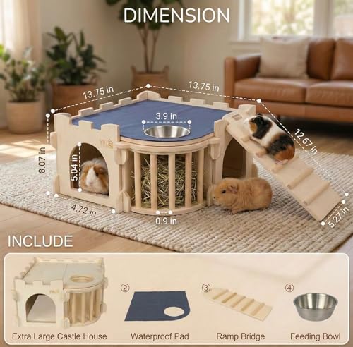 Natural Wood Chinchilla House with Ladder and Hay Feeder | Guinea Pig Castle Small Animal Hideout for Rabbit, Guinea Pig, Chinchilla, Hedgehog - size: Extra Large Assembly Style