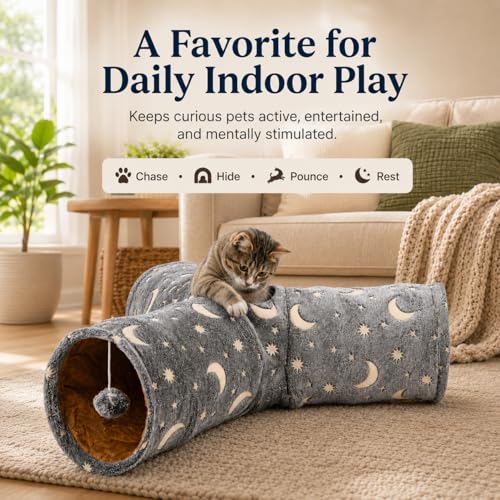 Cat Tube Tunnel with Plush Ball Toys Collapsible Self-Luminous, for Cat Small Pets Bunny Rabbits, Kittens, Ferrets,Puppy and Dogs Grey Moon Star 3 Way - size: 3 Way