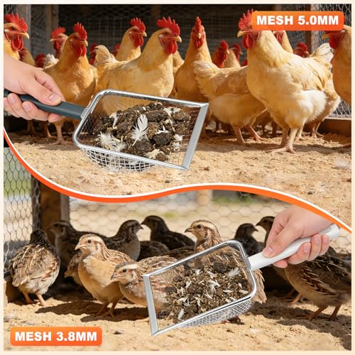 2 Pack Chicken Poop Scooper for Coop, Chicken Coop Shovel with 3.8mm (Fine) & 5mm (Medium) Mesh – Metal Rake & Scoop Tool with Hanger Hooks for Sifting Sand, Litter & Chicken Supplies