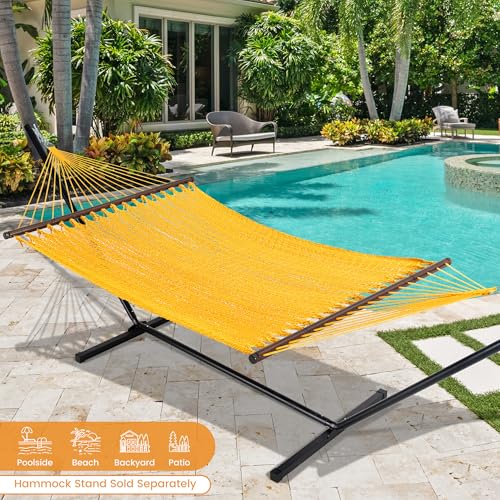 Lazy Daze XL Handwoven Caribbean Rope Hammock, 2+ Person Hammock | 13FT Polyester Outdoor Hammock with Spreader Bars & Straps & Carabiners, 500lbs Capacity for Outside, Patio, Yellow - color: Yellow