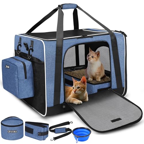 Extra Large Cat Carrier with Litter Box for Car Travel, Blue | 24"L x 17"W x 17"H, Seat Anchors and Lockable Safety Zippers, Collapsible Soft Sided, for 1 Medium-Large Cat or 2 Small Cats