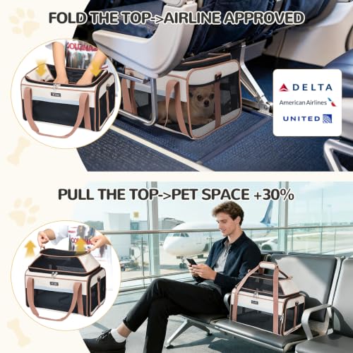 Lekereise Top-Expandable Pet Carrier 18x11x11Inch Delta American United Airline Approved Soft Sided Underseat to 15lbs Travel Carriers for Small Dogs Cats with Locking Safety Zippers Anti-Scratch Mesh - color: Khaki