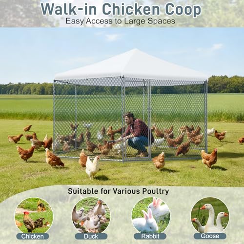 Outvita Large Metal Chicken Coop, Chicken Run, 3 x 11.4 x 8.6FT | Waterproof Cover, Heavy Duty Steel Frame, Large Poultry Cage for Dog Kennel, Duck Coop and Hen House - color: Silver, size: 156.0"L x 136.8"W x 103.2"H