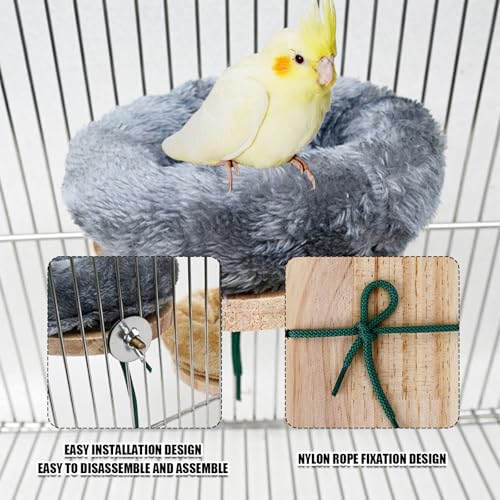 Bird Nest,1Pc Detachable Plush Parrot Hammock Bed,Winter Warm Bird House Snuggle Hut Birds Sleeping Bed Wood Perch for Budgies Cockatiel Conure Parakeet Hamster (Grey, Large) - color: Grey, size: Large