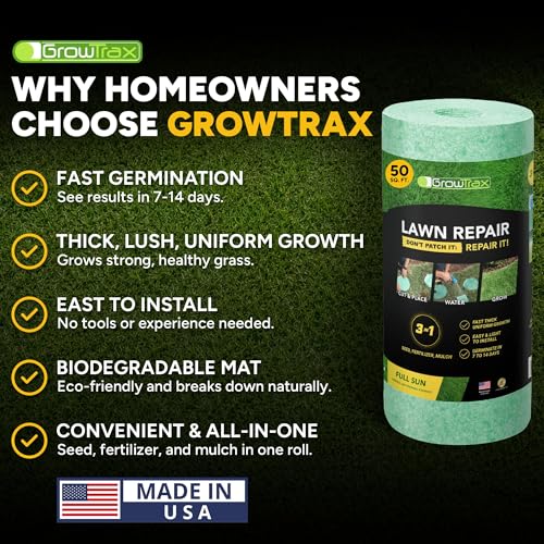 Growtrax Biodegradable Grass Seed Mat - 50 Sq Ft Bermuda Rye | Grass Seed and Fertilizer for Lawns, Dog Patches & Shade, Just Water and Grow, No Artificial Grass