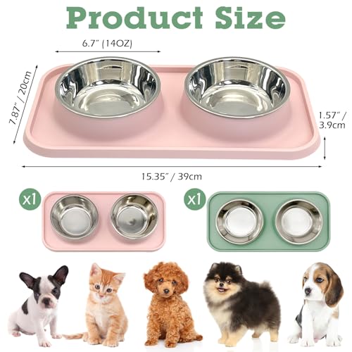 BNOSDM 2 Pcs Double Dog Food Bowls, Stainless Steel Small Dog Food and Water Bowls with Non-Spill Plastic Mat, Pet Cat Feeder Dish Set for Puppy Cats Kitten, Pink and Green - color: Pink+Green