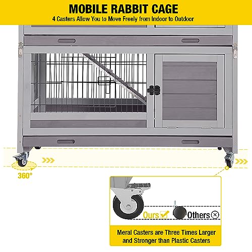 Aivituvin Large Rabbit Hutch Indoor and Outdoor Folding Bunny Cage on Wheels Guinea Pig Cage with Deep No Leak Pull Out Tray,Upgrade Version (Light Gray)