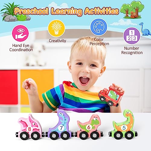 Zeoddler Toys for Toddlers, 11 Magnetic Wooden Dinosaur Train Set, Montessori Toys for Toddlers, Preschool Educational Material for Kids, Birthday Gifts for Boys, Girls - style: Dinosaur